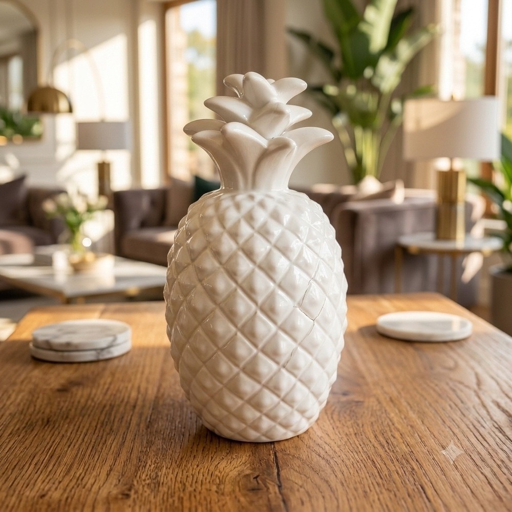 Deartis White Ceramic Pineapple Figurine Made in Portugal Glossy Decor 9.25in